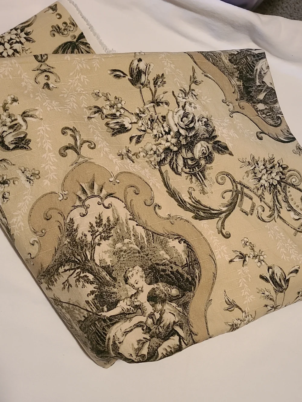 Fabric Upolstry Drapery Toile Scrolling Damask Sewing Crafts 3 Yards Cream Taupe